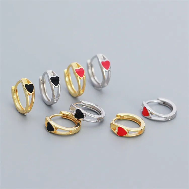 SP S925 Cute 18K Gold Plated 925 Silver Enamel Red Heart Hoops Earrings for Girls