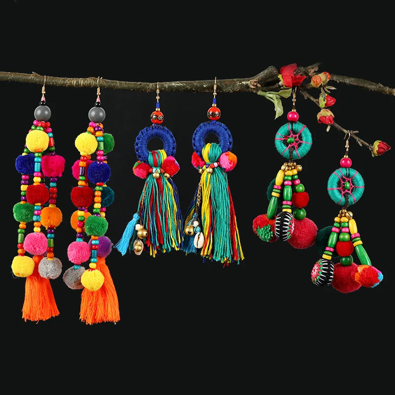Bohemia Multi Color Pom Pom Ball Earrings Exaggerated Holiday Long Tassel Ladies Gypsy Rainbow Lovely Drop Earrings Antique