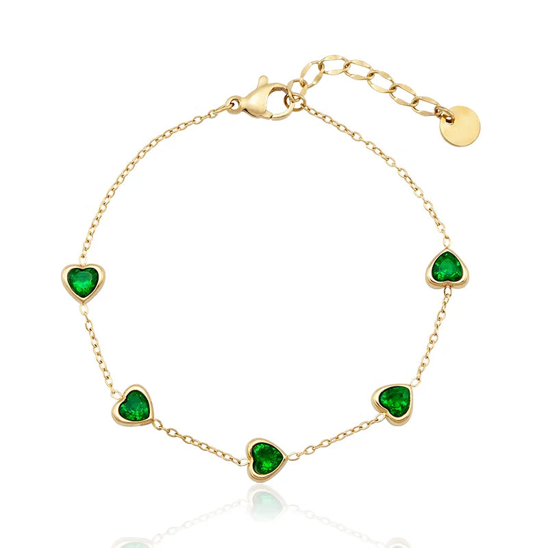 New Luxury Design Simple Fashion Jewelry Stainless Steel Gold Plated Heart Shaped Green Zircon Women Charm Bracelet