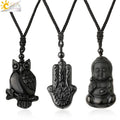CSJA Hot Black Obsidian Necklace Natural Quartz Buddha Owl Wolf Head Dragon Men Necklaces Lucky Amulet Jewelry G644