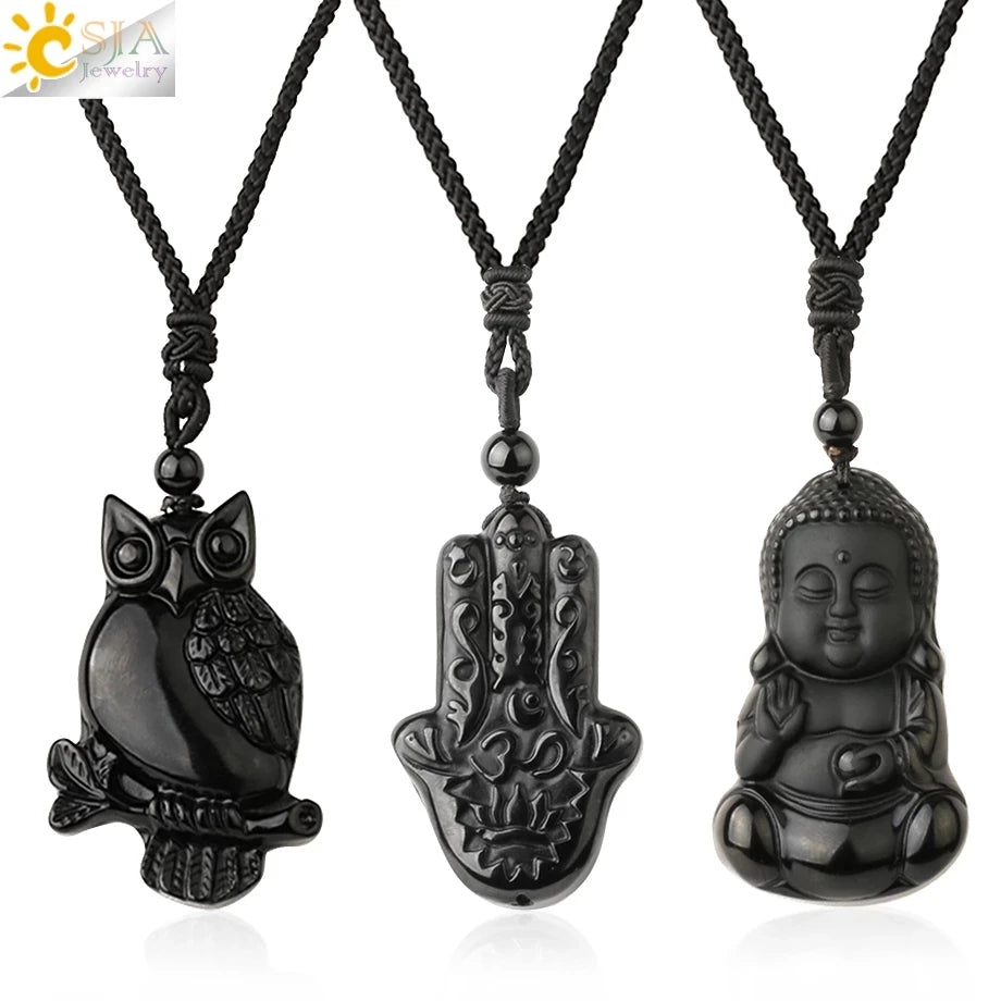 CSJA Hot Black Obsidian Necklace Natural Quartz Buddha Owl Wolf Head Dragon Men Necklaces Lucky Amulet Jewelry G644