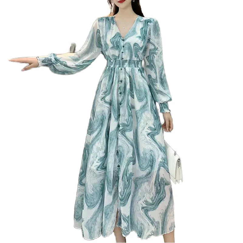 Women's Clothing Dresses Women Floral Print Long Sleeved Chiffon Sleeves Girl Casual Dress
