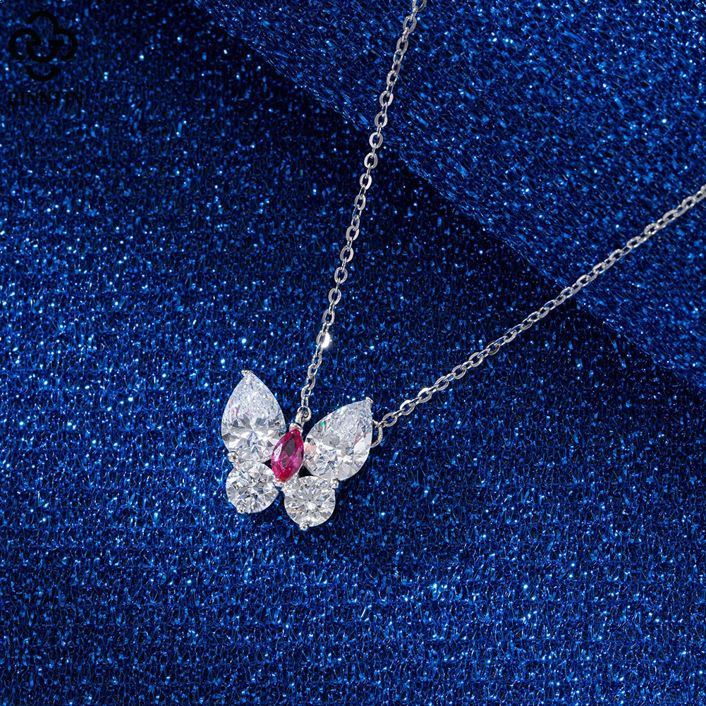 RINNTIN LZN08 2023 Fashion Women's Butterfly Pendant Necklace Luxury Created Ruby Zircon Fine Jewelry 8A Zircon Silver Necklace