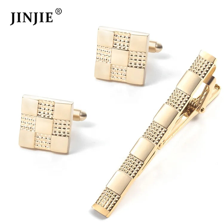 Ready to Ship JINJIE Classic Gold Plated Copper Cufflinks and Tie Clip Set for Men Shirt