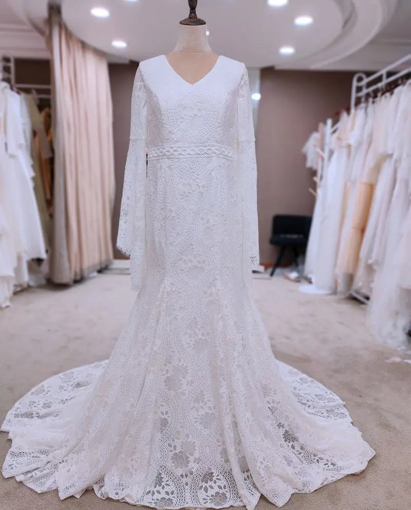 #9094  REAL PHOTOS by FANWEIMEI Backless V-Neck Long Bell Sleeve Boho Bohemian Lace Sweep Train Gown Bridal Wedding Dress