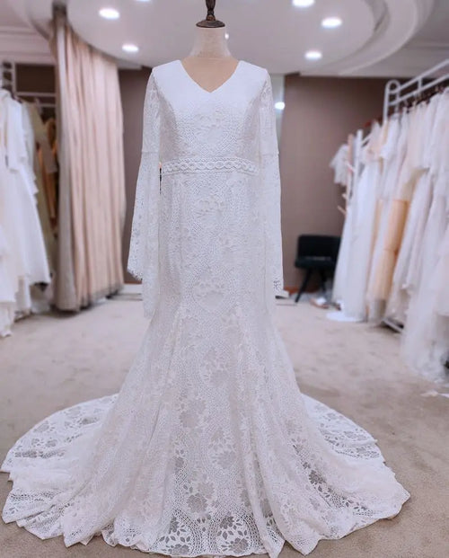 #9094  REAL PHOTOS by FANWEIMEI Backless V-Neck Long Bell Sleeve Boho Bohemian Lace Sweep Train Gown Bridal Wedding Dress