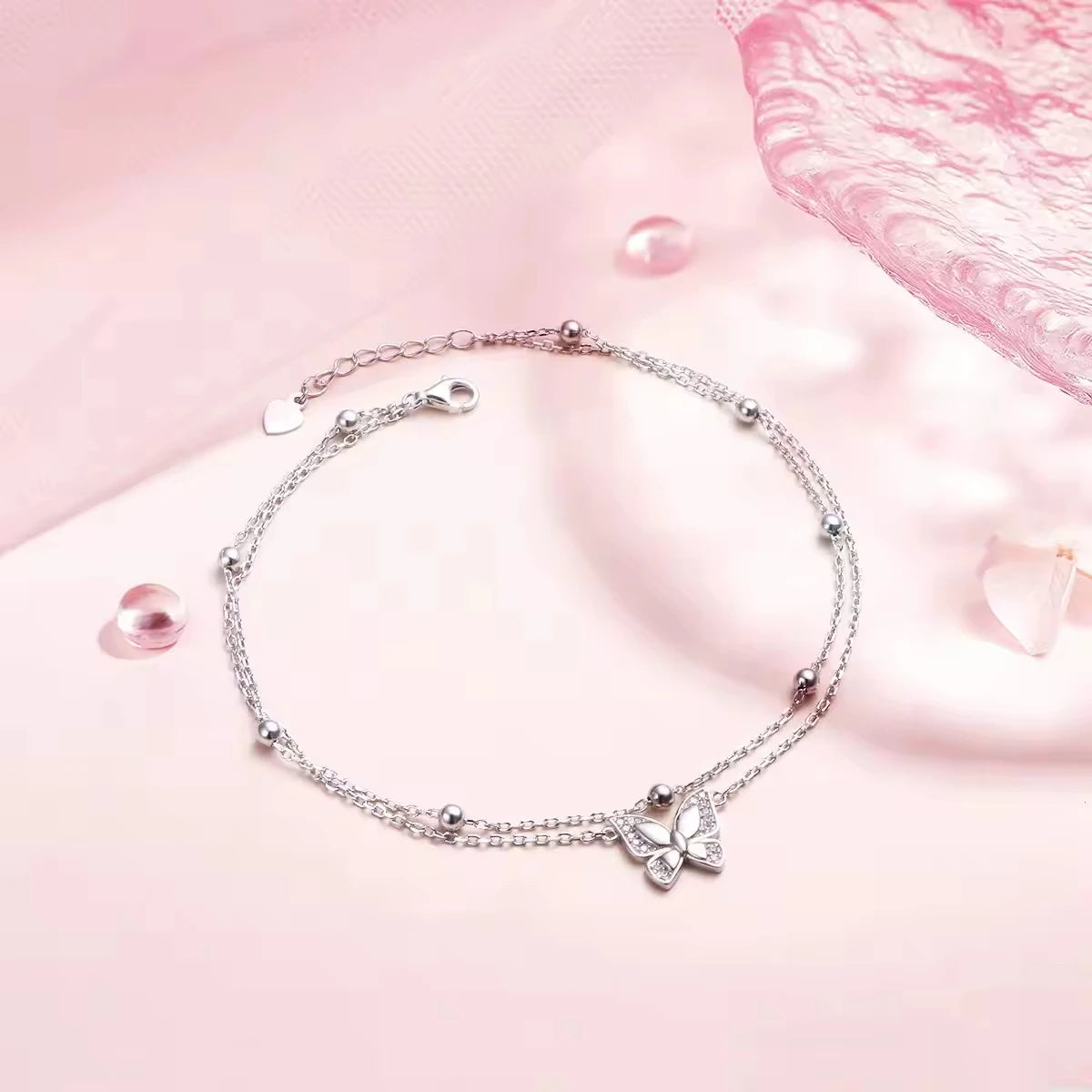 Summer Beach Women Jewelry 925 Sterling Silver Butterfly Double Layered Chain Anklets