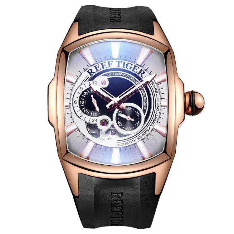 REEF TIGER RGA3069S New Arrival Mens Rose Gold Case Blue Dial Rubber Strap Waterproof Automatic Watches