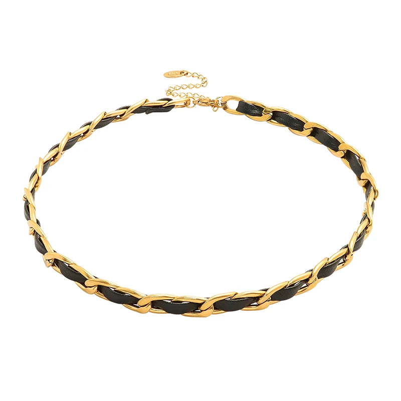 Hip Hop Hyperbolic Style Leather Rope Ring Chain Clavicle Choker Titanium Steel Plated 18K Necklace for Women
