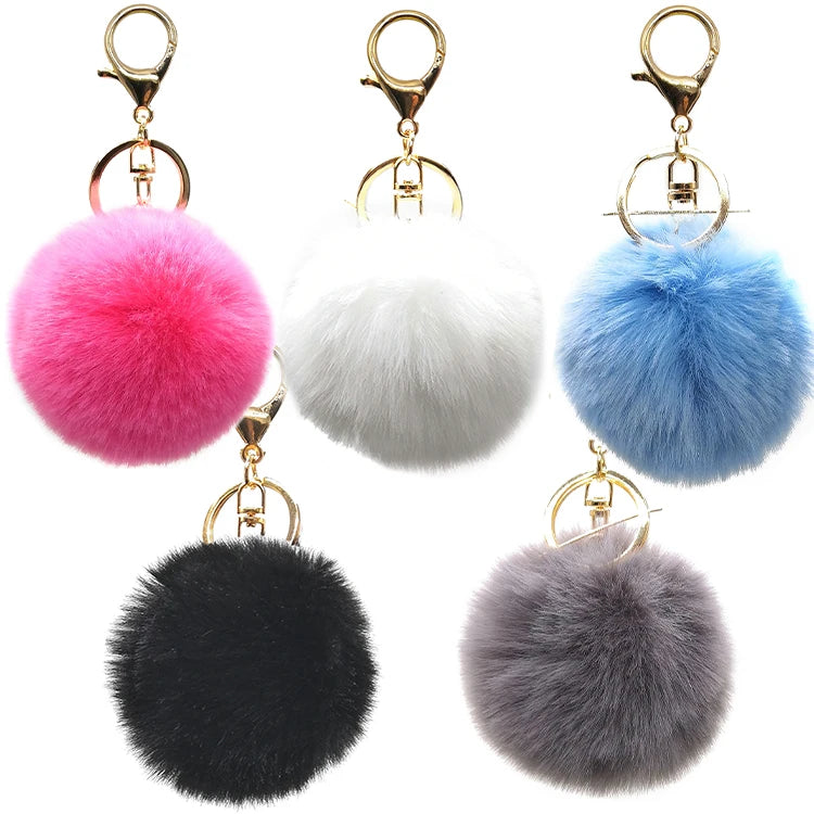 Furry Puff Ball Faux Rabbit Pink Fur Ball Pom Pom Keychain for Women and Girls