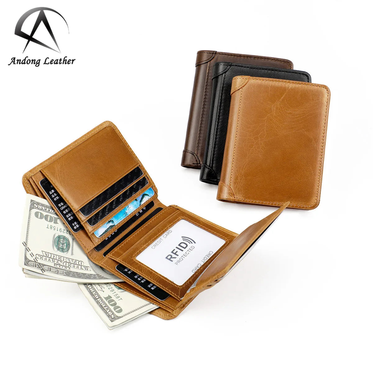 Andong Male RFID Blocking Short Wallet Retro Genuine Cow Leather Card Holder for Men Wallets Purse