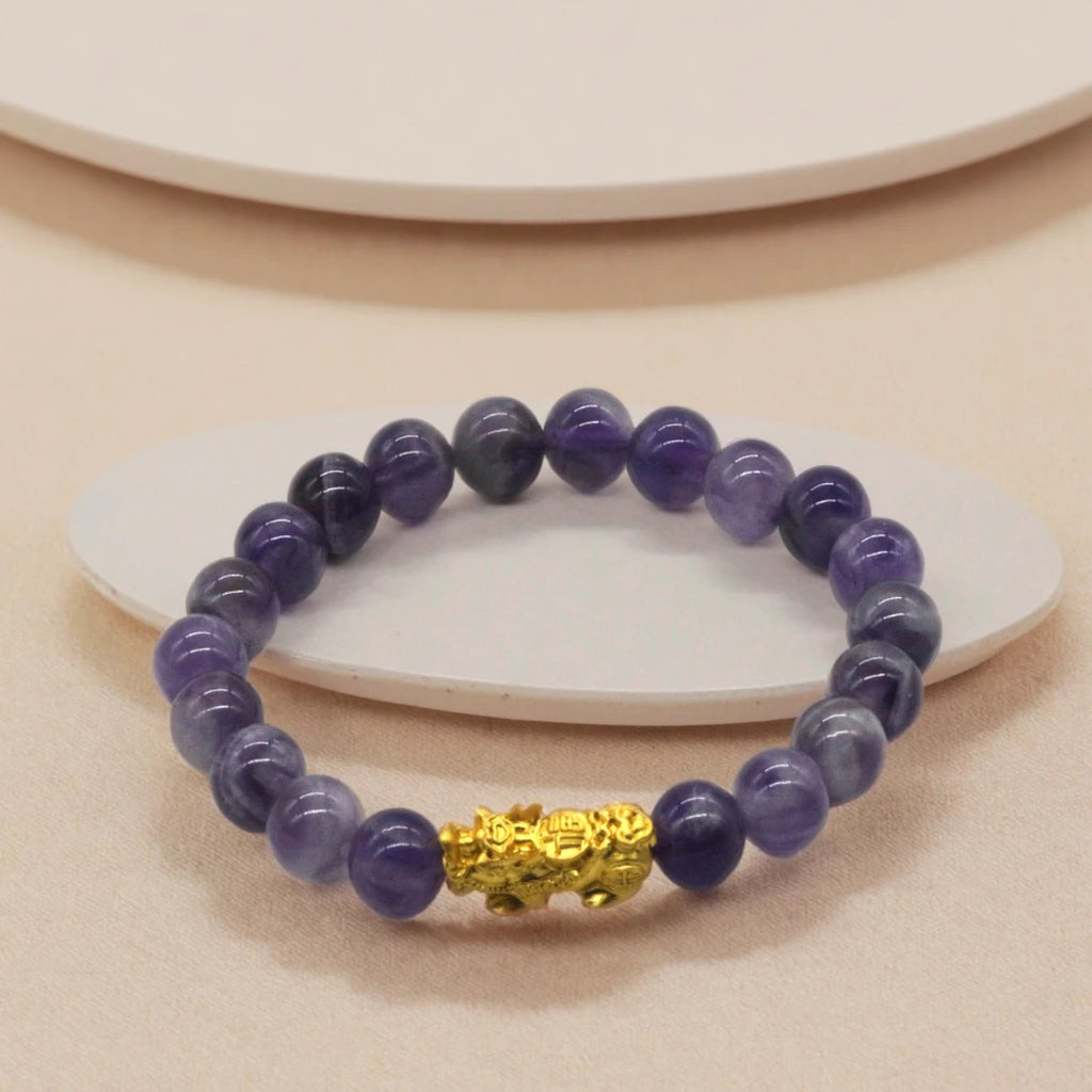 Wholesale Pixiu Charm Gemstone Beads Bracelets Gold Plated Pixiu Charms Natural Amethyst Stone Beaded Bracelets