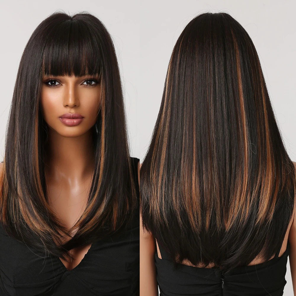 Premium Synthetic Wigs with Bangs Long Body Loose Wave Wigs for Women Ombre Brown to Dark Black Heat Resistant Wigs