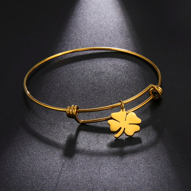 Fashion Women Four Leaf Clover Bangle Stainless Steel Real Gold Plated Bracelet Adjustable Bracelet for Women Jewelry Gifts
