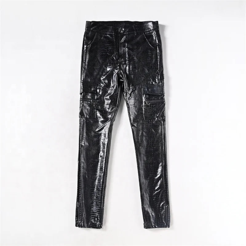 Pu Faux Leather Button Cargo Pants Snakeskin Grain Custom Color Y2K Streetwear Leather Pants for Men