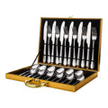 Wholesale Luxury Reusable 24pcs Spoon Fork Knife Stainless Steel Flatware with Wooden Box Gold Cutlery Set