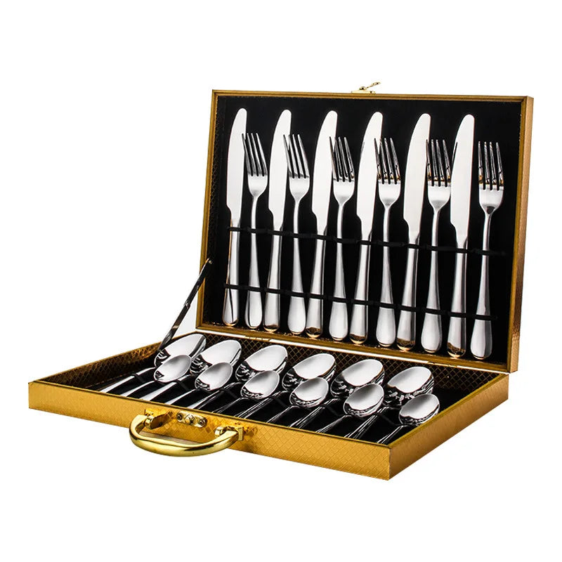 Wholesale Luxury Reusable 24pcs Spoon Fork Knife Stainless Steel Flatware with Wooden Box Gold Cutlery Set