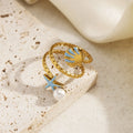 Women's Trendy 18K Gold Plated Hammered Stainless Steel Ring Adjustable Open Enamel Starfish Seashell Waterproof Ocean Jewelry