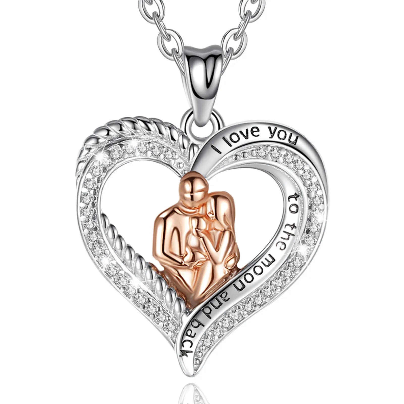 Mother's Day Gift Rhodium Plated 925 Sterling Silver Zircon Engraved Heart Trendy Mother and Father Family Necklace