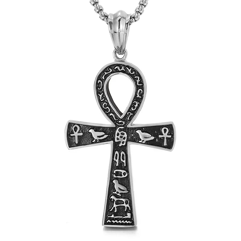 Stainless Steel Classic Hip Hop Ancient Egyptian Hieroglyph Cross Male Pendant Necklace with Rope Chain for Wedding & Party