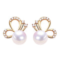 Women's 18K Gold Plated Genuine Freshwater Pearl Stud Earrings S925 Silver Ear Needle Butterfly Design Pearl Jewelry