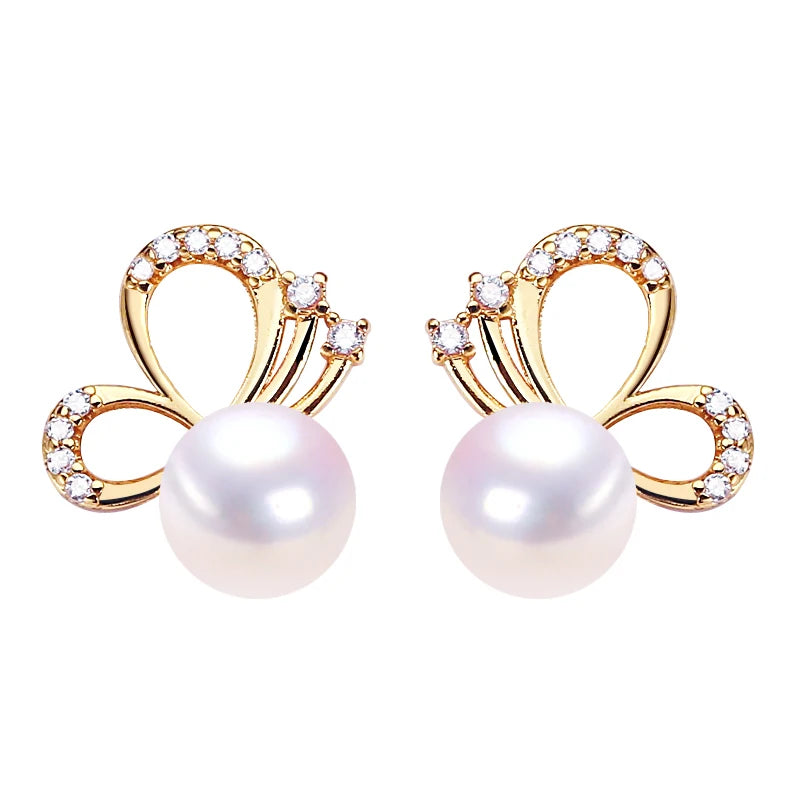 Women's 18K Gold Plated Genuine Freshwater Pearl Stud Earrings S925 Silver Ear Needle Butterfly Design Pearl Jewelry