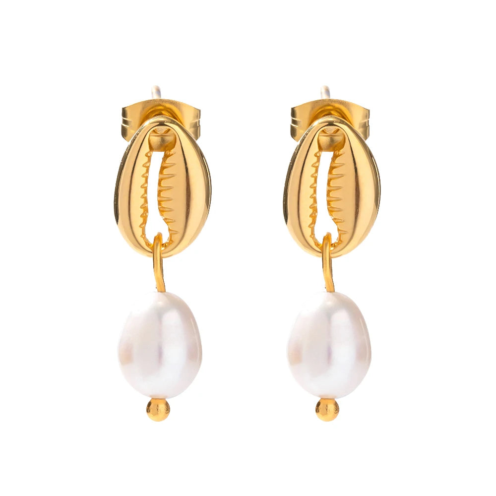 18k Stainless Steel Gold Plated Freshwater Pearl Pendant Earring Delicate Shell Design Drop Earring