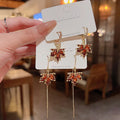 S925 Silver Needle Full Red Zircon Maple Tassel Earrings 18k Gold Plated Shiny Zircon Cz Bow Earrings Crystal Rhinestone Earring
