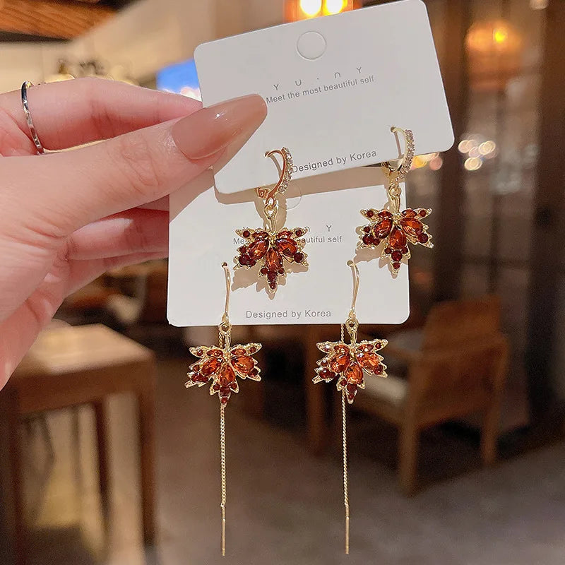 S925 Silver Needle Full Red Zircon Maple Tassel Earrings 18k Gold Plated Shiny Zircon Cz Bow Earrings Crystal Rhinestone Earring