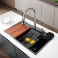 Luxury Modern Square Three Draining Single 304 Stainless Steel Multifunction Kitchen Sink Black Waterfall Faucet Ultrasonic Deck