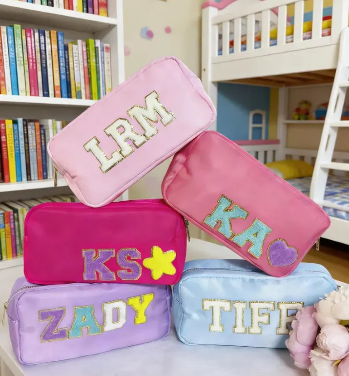 Waterproof Large Nylon Pouch  with Glitter Patch Toiletry Cosmetic Pouch Makeup Bag