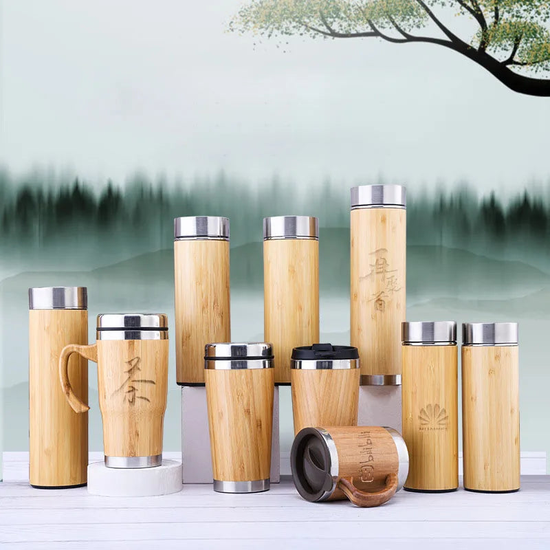 Bamboo Wood Thermo Vacuum Flask Water Bottle Pot Durable Wooden Style Tumblers for Outdoor Camping