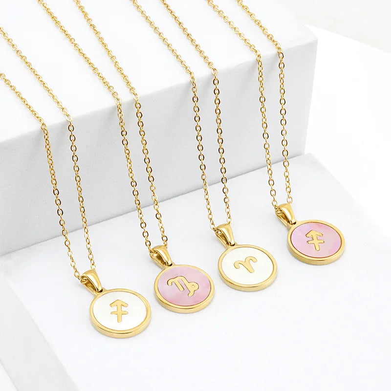 Women White and pink Stainless Steel Round Zodiac Sign Shell Pendant As Necklace Jewelry Women Bulk Signs