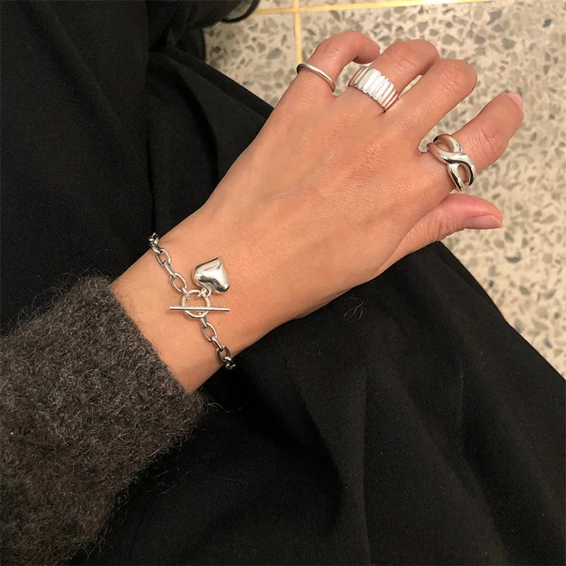 Trendy Link Chain Toggle Clasp Puffy love Heart Bracelet 925 Sterling Silver Heart Charm Bracelet for Women