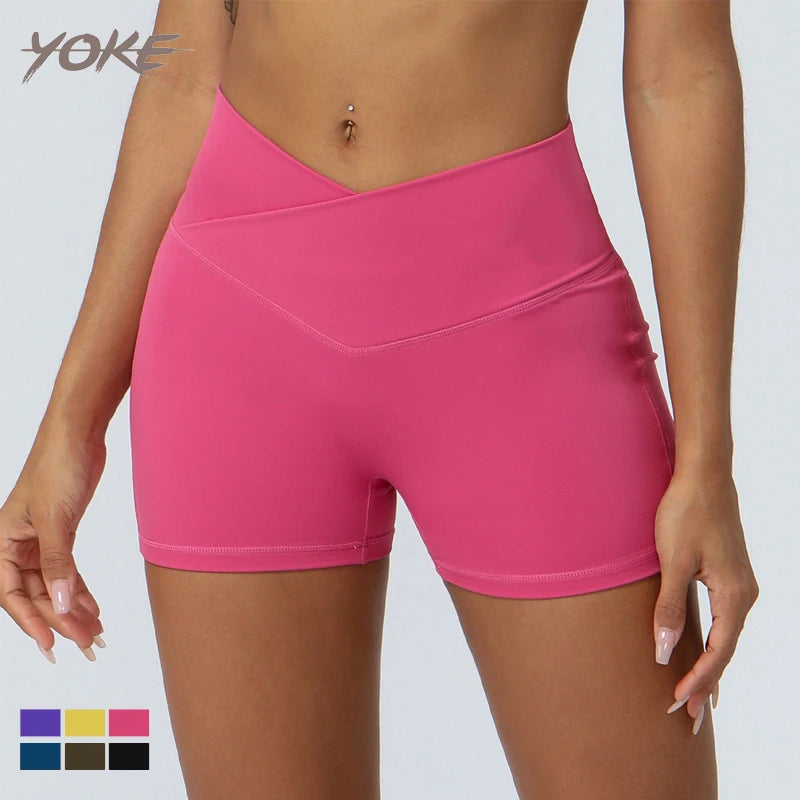 YK New Design Solid V Cut Cross Waist Butt Lifting Scrunch High Waist Yoga Shorts with Four-Way Stretch Breathable Fabric