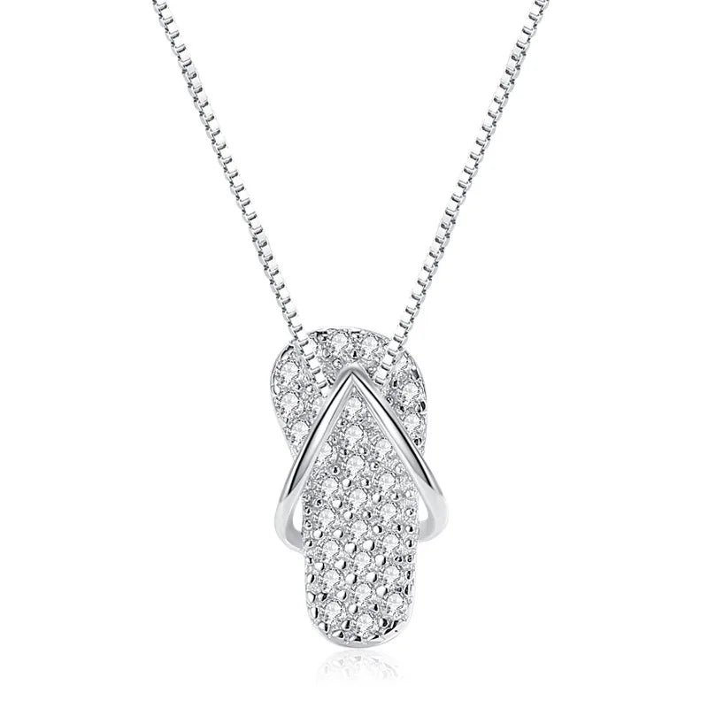 Personalized Sterling Silver Zircon Slippers Pendant Necklace for Women with Water-wave Chain and Rose Gold Plating