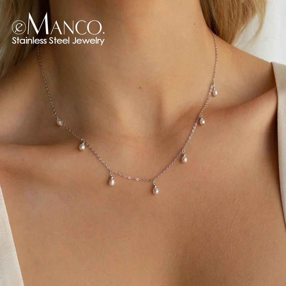 EManco 2023 New Trendy Engagement Pearl Pendant Necklace Stainless Steel Link Chain Imitation Pearls Wedding Gift