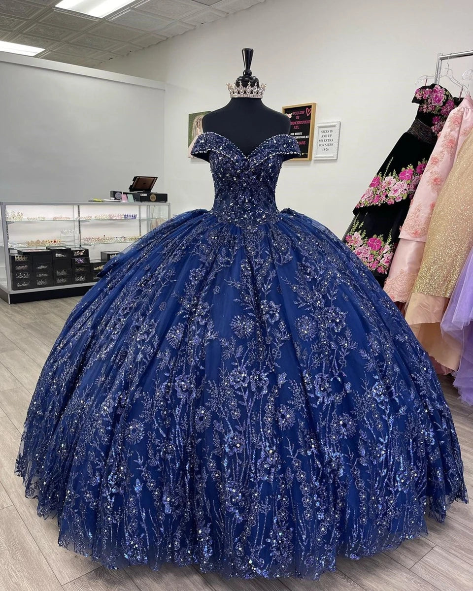 Navy Blue Sparkly Quinceanera Dresses 2026 Formal Party Beading Lace Appliqued Sweet 15 Graduation Ball Gown Prom MQ448
