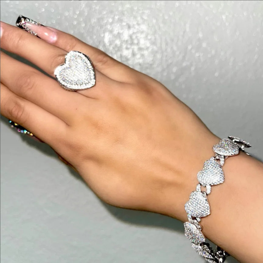 Luxury  Iced Out CZ Gold Big Heart Ring  White Hip Hop 18k Gold Silver Plated Women Heart Rings