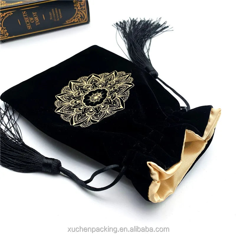 Gold Foil Stamping Velvet 5x7 Tarot and Dice Bag Black Velvet Tarot Card Drawstring Bag With Inside Satin Lining