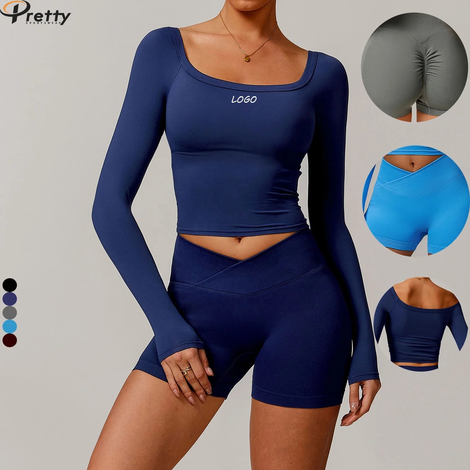 Yoga Sets Fitness Women Tight Long Sleeve T Shirt And High Waist Scrunch Butt Shorts Running Work Out 2 Pcs Set Gym Fitness Wear