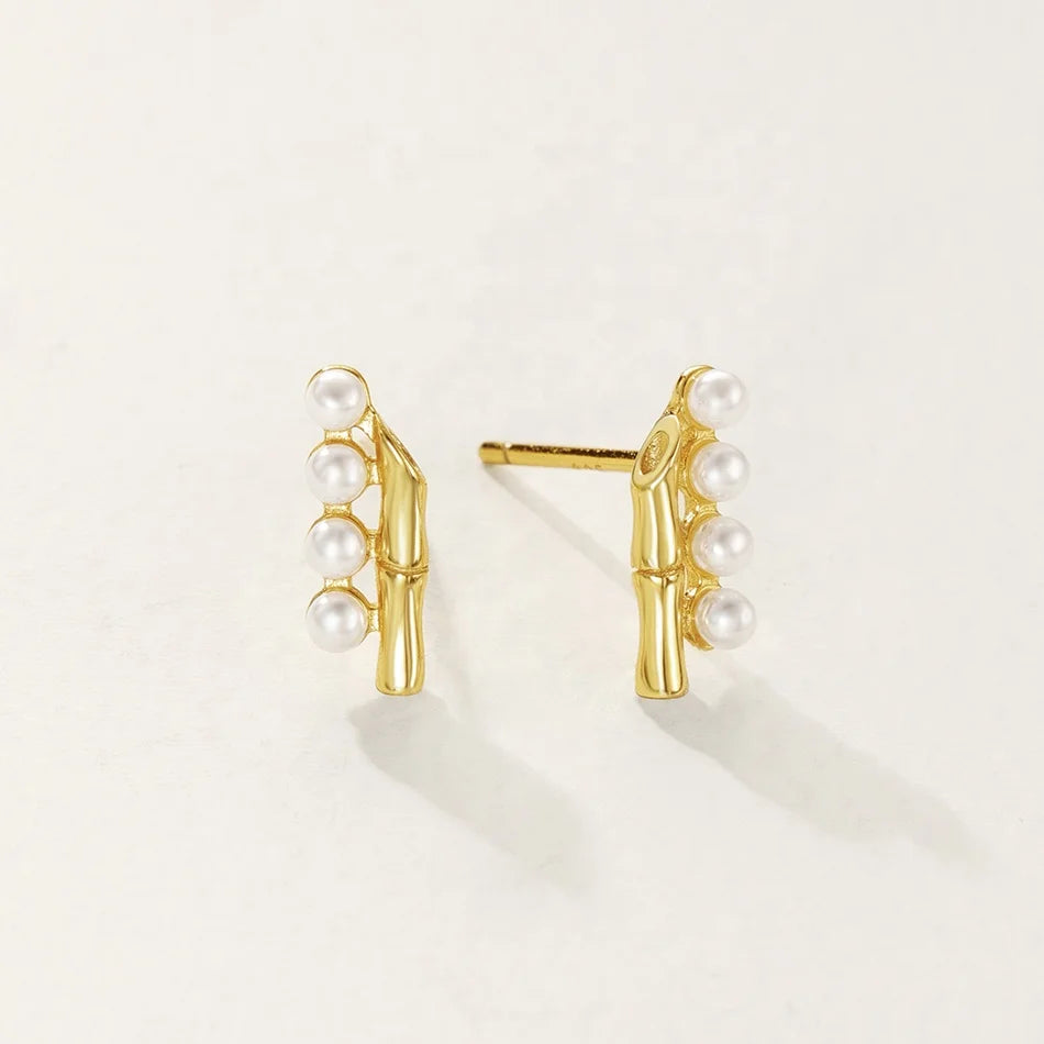 Nagosa Dainty Women Jewelry 18k Gold Vermeil 925 Sterling Silver Shell Pearl Bamboo Stud Earrings