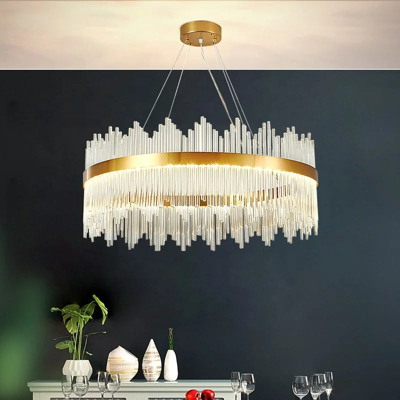 Modern Stainless Steel Suspension Lustre Light Luxury Glass Crystal Chandelier Pendant Light Restaurant Apartment