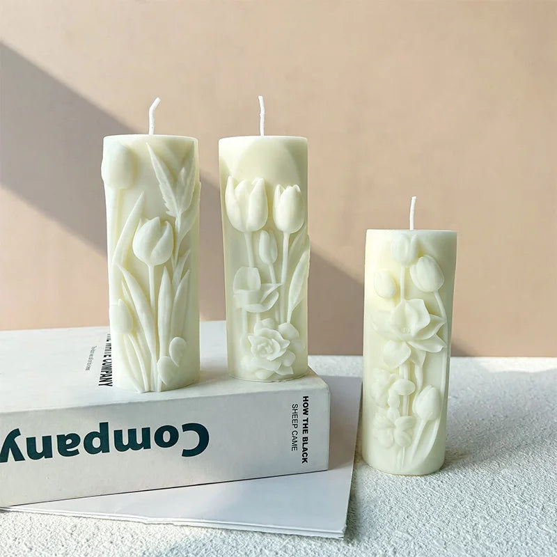 European Style Eco-Friendly Soy Wax Handmade White Tulip Scented Pillar Candles Christmas Wedding New Year Father's Day Home