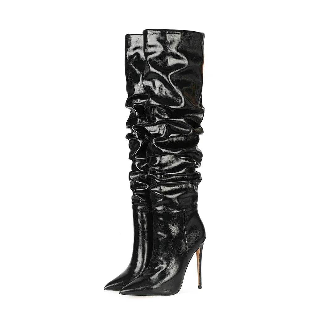 Hot Selling Sexy Western Stiletto Over-the-Knee Winter Women Denim PU Leather Slip-On Boots