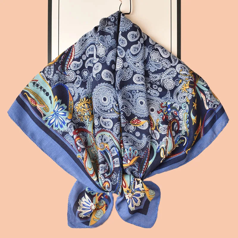 QL New Versatile 90*90cm Small Paisley Printed Square Silk Scarf Cotton Hemp Voile Women Headscarf Made of Polyester