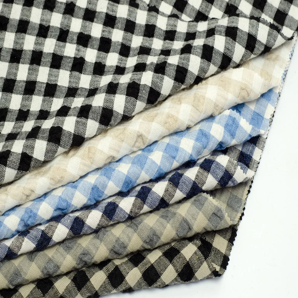 2863# Manufacturer Fashion Check Yarn Dyed French Woven Linen Cotton Blended Fabric Bubble Grid Plaid Linen Fabric for Clothing