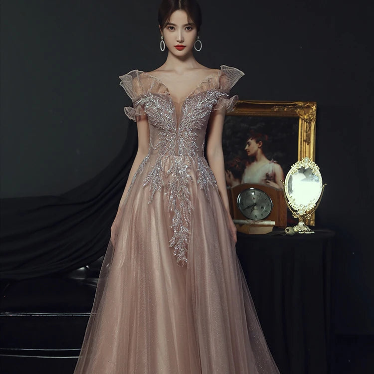 Women Sweat Pink Long  Princess Banquet Bridesmaid Performance Dance Ball Prom Evening Dresses
