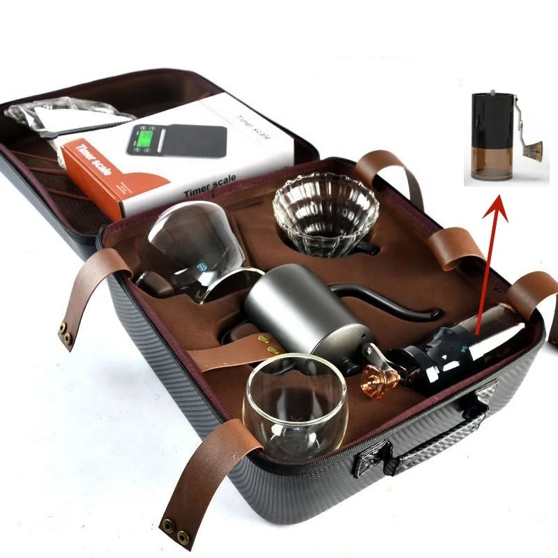 Preferred Top Selling 9-piece Travel Coffee Set with Pour Over Kettle Glass Servers Manual Grinder for Drip Coffee Making