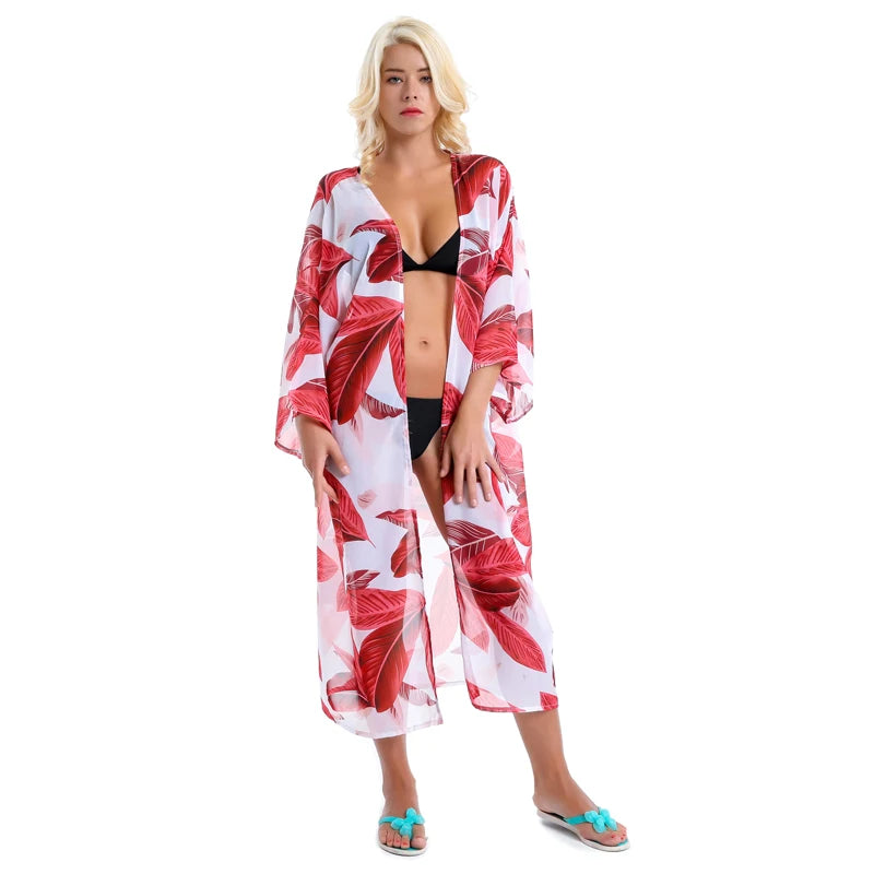 MIO Women Summer Boho Style Long Beach Dresses Red Floral Printed Sunscreen Bikini Cardigan  Beachwear